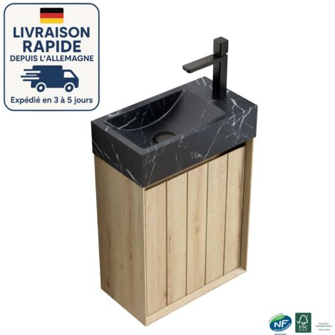 Mueble bajo lavabo de un seno - 40 cm - Montaje a pared - Lavabo bajo encimera de mármol negro con efecto piedra - Premontado - Color madera roble blanco
