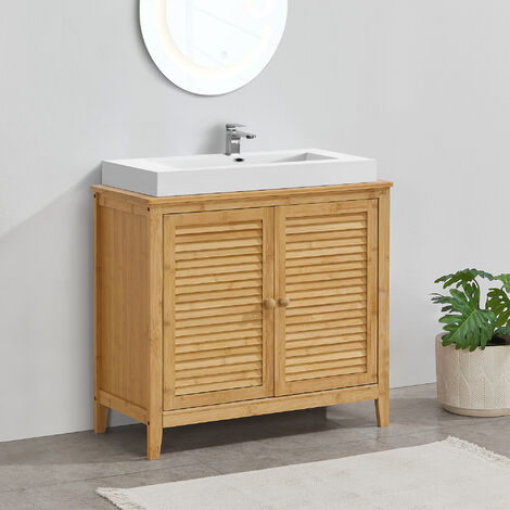 Mueble Armario Bajo Lavabo Mueble Baño de Puertas Correderas y 1 Estantería  Madera y Bambú 60x30x70 cm