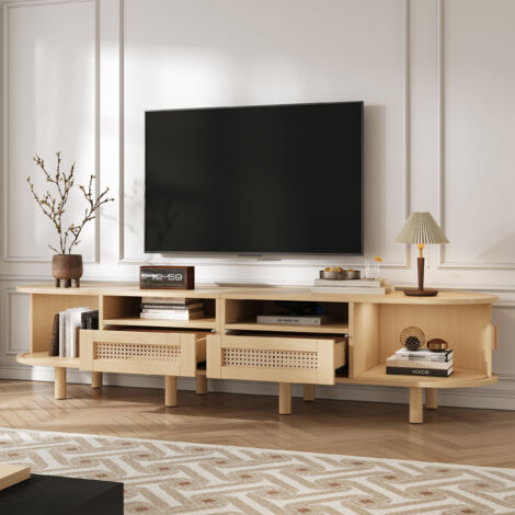 Mueble bajo para TV con 2 puertas y 2 cajones, ideal para salón o dormitorio, Apto para televisores de hasta 70 pulgadas, MDF, Acabado natural
