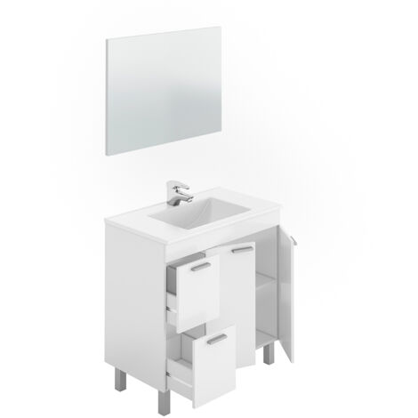 Mueble baño 2 puertas con lavabo + cajones + espejo blanco