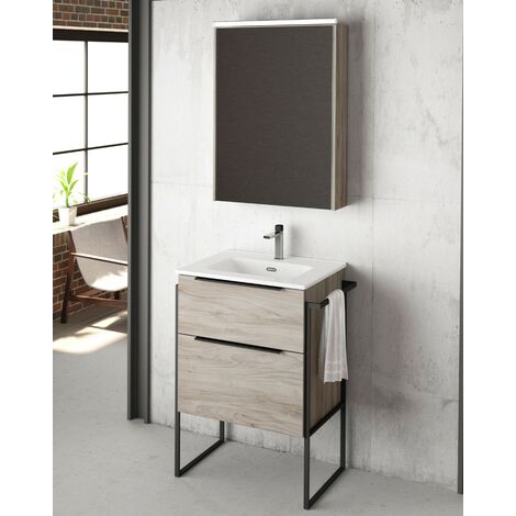 Mueble Baño al Suelo con Lavabo Cerámico  2 cajones con Cierre Amortiguado y Organizador  100 cm Pino Gris