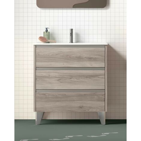Mueble Baño al Suelo con Lavabo Cerámico  3 Cajones Cierre Amortiguado y Organizador  100 cm Pino Gris Tirador Cromo