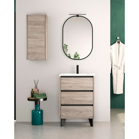 Mueble Baño al Suelo con Lavabo Cerámico  3 Cajones Cierre Amortiguado y Organizador  80 cm Pino Gris Tirador Negro