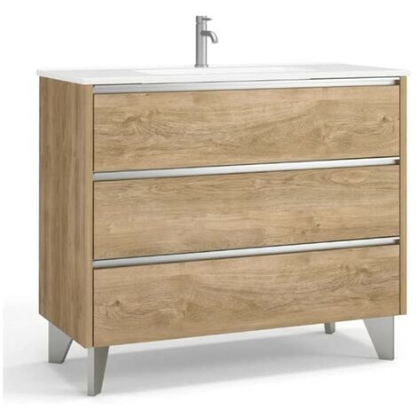 Mueble Baño al Suelo Fondo Reducido con Lavabo Cerámico 3 Cajones  70 cm Roble Natural Tirador Cromo