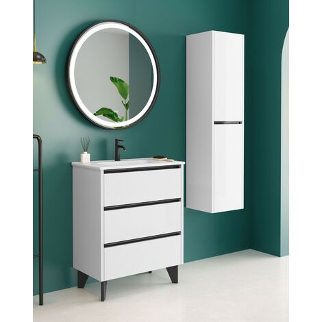 Mueble Baño al Suelo Fondo Reducido con Lavabo Cerámico 3 Cajones  80 cm Blanco Brillo Tirador Negro