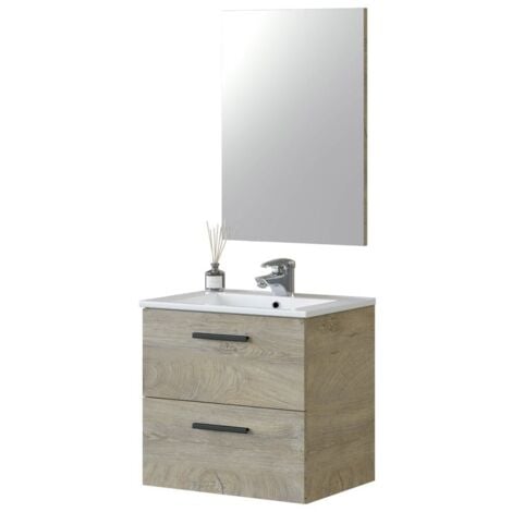 Mueble baño Aruba color roble alaska 2 cajones y espejo estilo industrial 60x45 cm con lavabo CERÁMICO