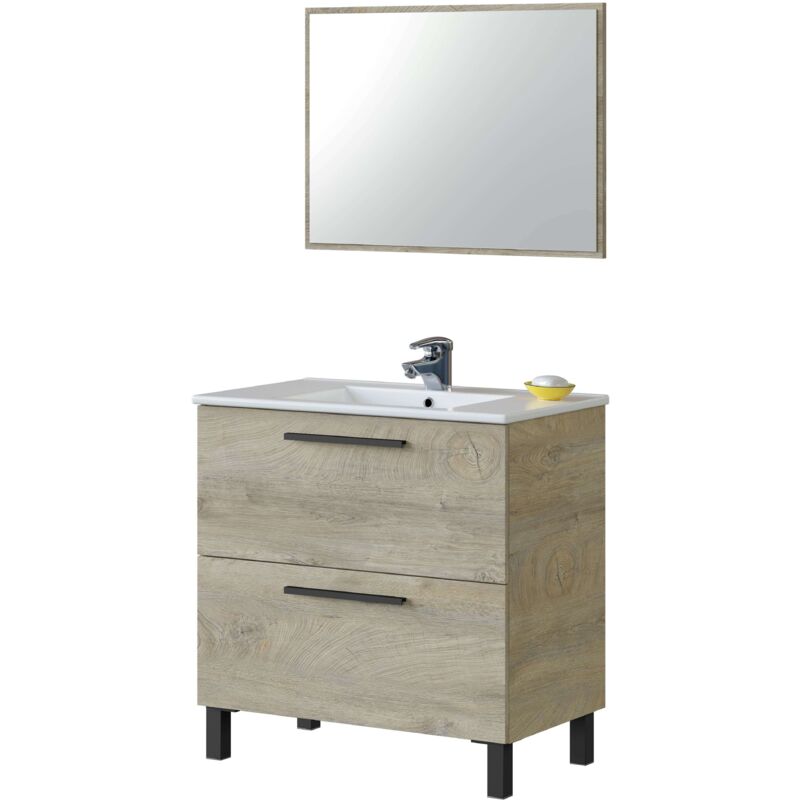 

Mueble baño Athena roble alaska 2 cajones + espejo estilo industrial 80x45 cm incluye lavabo CERÁMICO