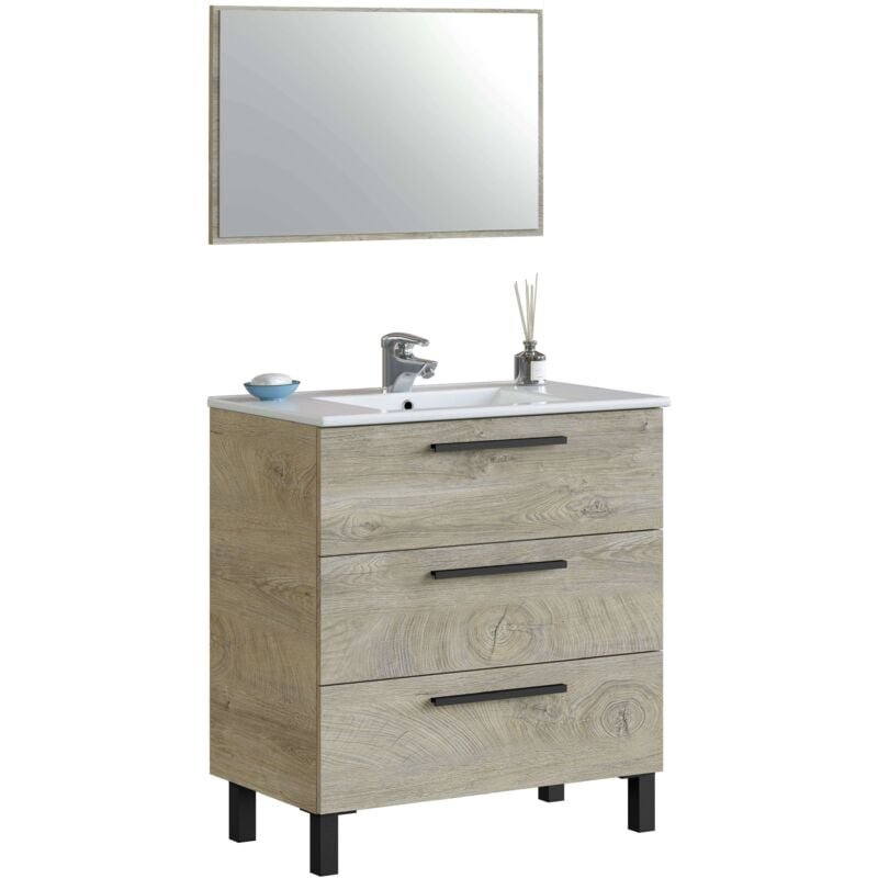 

Mueble de baño aseo Athena color roble alaska 3 cajones y espejo estilo industrial 80x45 cm SIN LAVAMANOS