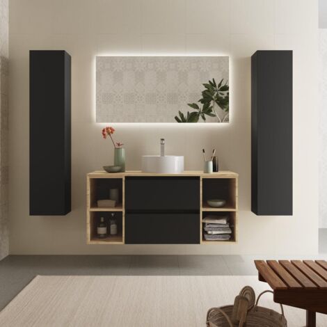 Mueble baño Bequia 120 cm Negro y 2 coquetas laterales Roble con Lavabo