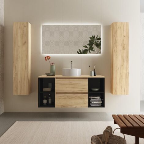 Mueble baño Bequia 120 cm Roble y 2 coquetas laterales Negro con Lavabo
