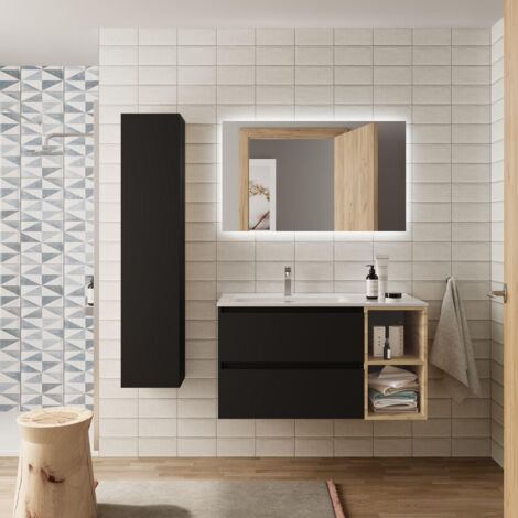 Mueble baño Bequia 90 cm Negro y coqueta derecha Roble con Lavabo