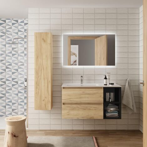 Mueble baño Bequia 90 cm Roble y coqueta derecha Negro con Lavabo