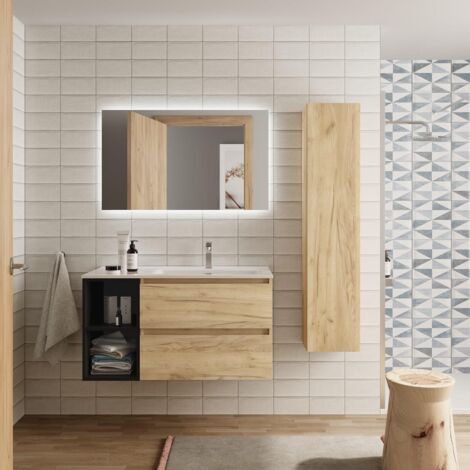 Mueble baño Bequia 90 cm Roble y coqueta izquierda Negro con Lavabo