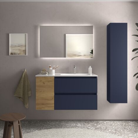 Mueble Baño Bequia 90cm y coqueta Izq y lavabo Azul / Roble 90x45x56