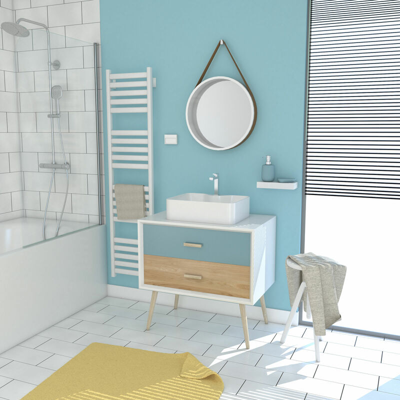 

Mueble Baño Blanco Azul Y Madera Natural Escandinavo 80Cm C/Patas Y Cajones, Lavabo Sobreponer Y Espejo Redondo - Nordik Dubbel Runt 80