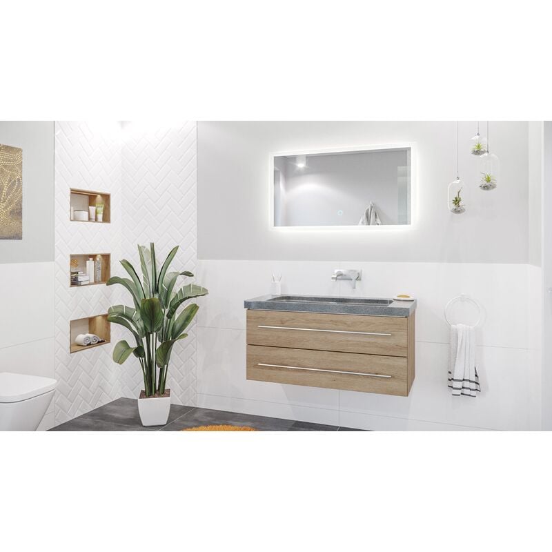 

Mueble baño Damo granito G654 100cm sin agujero para grifo Roble claro y espejo