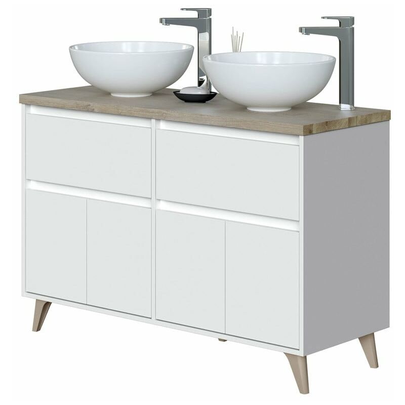 Mueble baño doble 2 cajones 4 puertas aseo roble y blanco 120x46 cm con lavabo