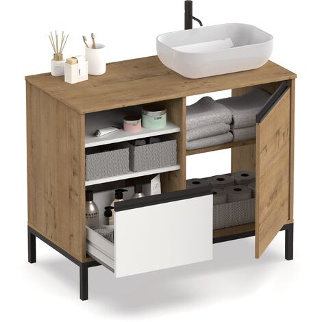 main image of "Mueble baño elegante y moderno, con tiradores y estructura en negro, lavabo incluido, 95,5x100x51cm(alto x ancho x profundo),color combinado blanco y roble gold"