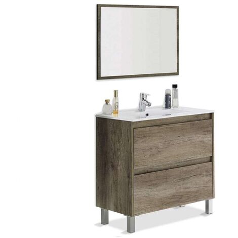 Mueble baño Loa 2 cajones espejo y lavabo cerámico  en acabado color nordik 80 cm(alto)80 cm(ancho)45 cm(largo)