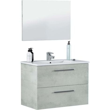 Mueble baño Plutón Estilo Industrial en Color Cemento con 2 Cajones y Espejo 80x45x57 cm (Lavamanos Cerámico)
