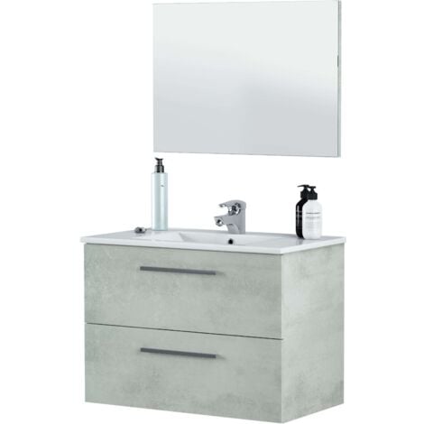 Mueble baño Plutón Estilo Industrial en Color Cemento con 2 Cajones y Espejo 80x45x57 cm (Sin Lavamanos)