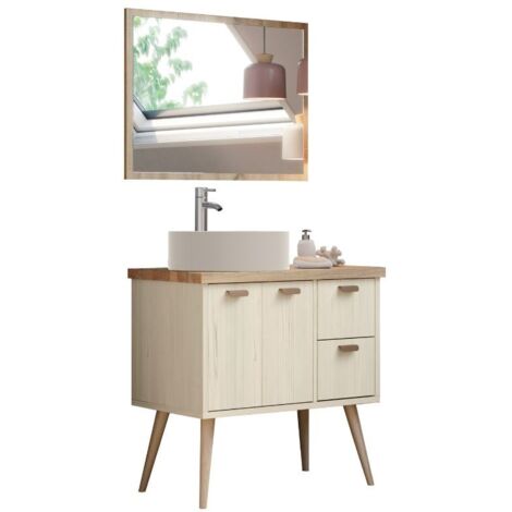 Mueble baño Retro con Espejo Drya Color Pino Cambrian nórdico Incluye Lavabo cerámico 80x46x93 cm