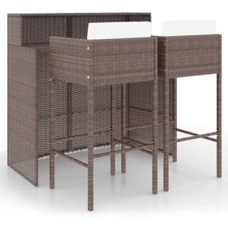 Mueble bar de jardín de 3 piezas y cojines de mimbre de resina marrón 020014516