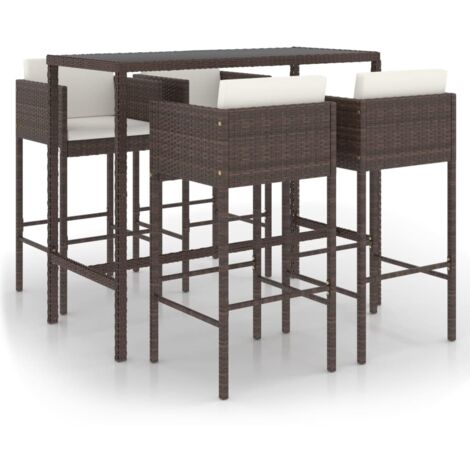 Mueble bar de jardín de 5 piezas y cojines de mimbre de resina marrón 020014519