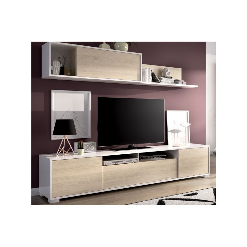

Mueble Comedor TV puertas y estante de pared acabado blanco brillo y roble