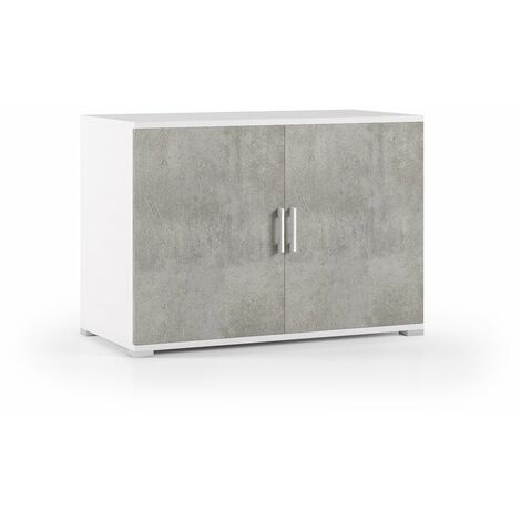 Mueble con doble puerta y estante blanco con puertas de hormigón.