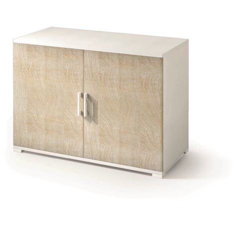 Mueble con doble puerta y estante blanco con puertas de roble.