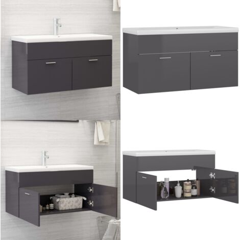 Mueble con lavabo madera de ingeniería gris brillante - Lavabo empotrado - Armario de baño