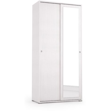Mueble con puertas correderas, espejo, dos estantes y tubo para ropa blanco con puertas blancas.