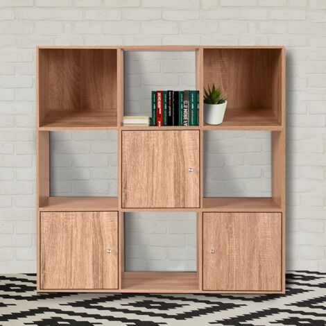 Mueble cubo RUDY con 9 compartimentos en madera efecto haya y 3 puertas