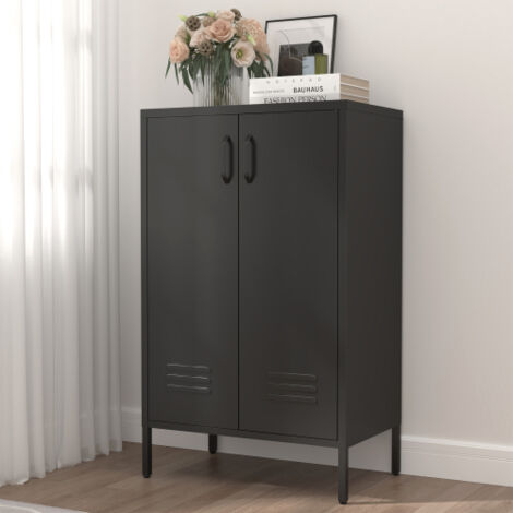 Mueble de almacenaje - Aparador, en metal - 2 puertas metálicas con 2 estantes regulables, cierre magnético, patas regulables - negro