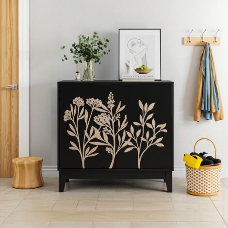 Mueble de almacenaje - Aparador multifunción - 80 x 38 x 76 cm - Motivo floral tallado - Con 2 puertas y estantes regulables - Divisores interiores regulables - Negro