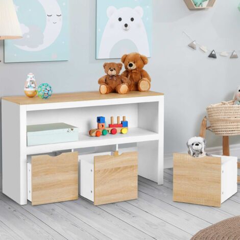 Mueble de almacenaje infantil MANA blanco y haya con 3 cajones cúbicos con ruedas