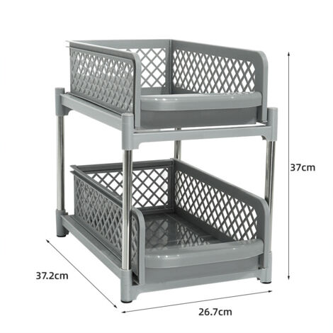 Mueble de almacenamiento deslizante de 2 niveles en plástico gris, adaptable debajo del fregadero y la encimera, ahorra espacio.