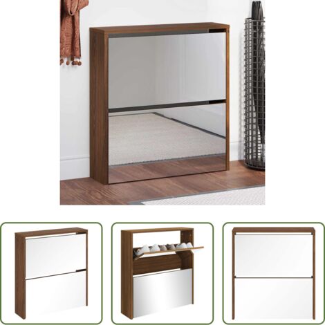 Mueble de almacenamiento -  Mueble zapatero con espejo 2 niveles roble marrón 63x17x67 cm