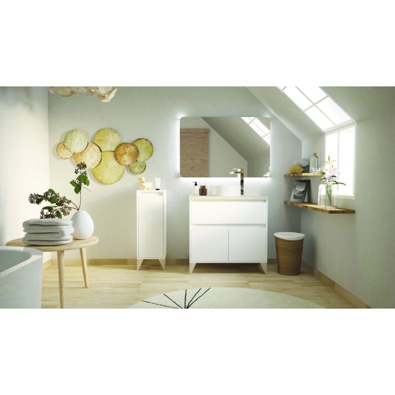 

Mueble de baño aseo 1 cajón 2 puertas color blanco brillo y roble alaska moderno 81x46 cm SIN LAVAMANOS