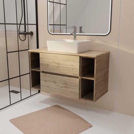 Mueble de baño 100 TIMBER Efecto Roble 2 Cajones Lavabo Rectangular Blanco