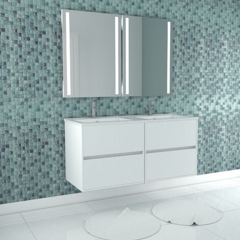 Mueble de Baño 120cm Blanco Lacado 4 Cajones, Lavabo, 2 Espejos 60x80 con luz Led integrada