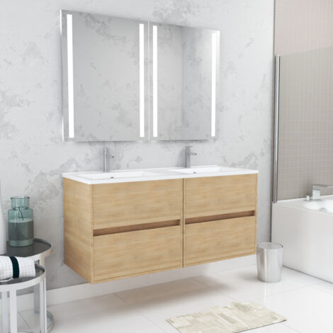 Mueble de Baño 120cm Roble Claro 4 Cajones, Lavabo, 2 Espejos 60x80 con luz Led integrada