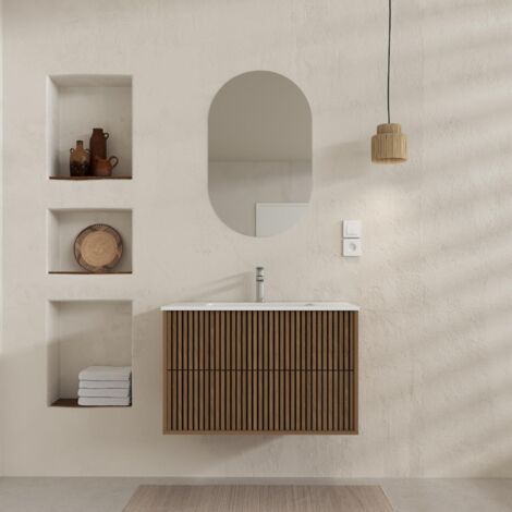 Mueble de Baño 2 cajones 60 Roble y Negro - Lavabo Blanco - Espejo Oval