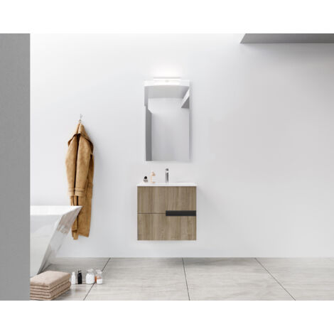 Mueble de baño 60 cm Roble Oscuro - 2 cajones y lavabo de cerámica blanca
