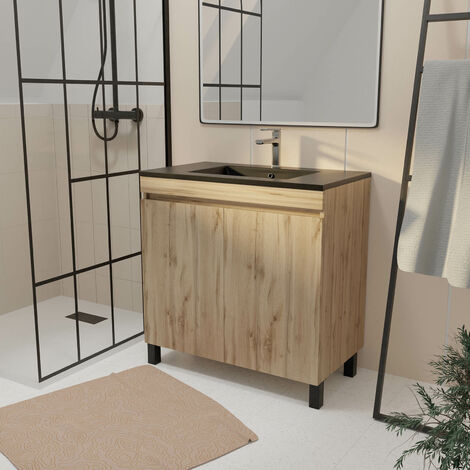 Mueble de baño 80 cm 2 Puertas Roble Natural + Lavabo de Cerámica Negra - TIMBER