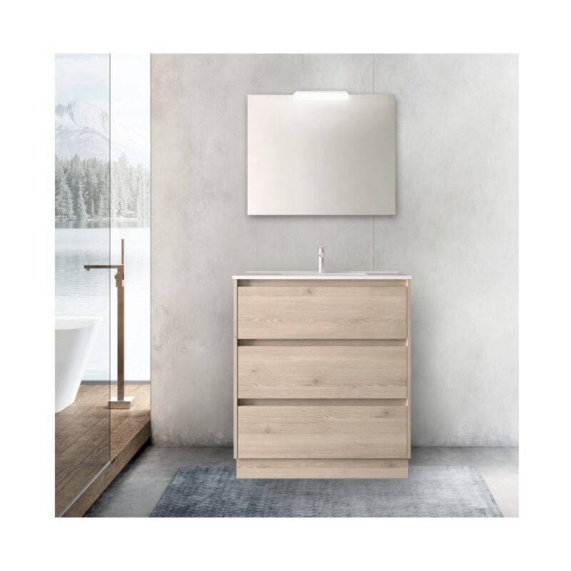 

Mueble de baño 80 cm de madera Roble Caledonia con lavabo de porcelana | Standard