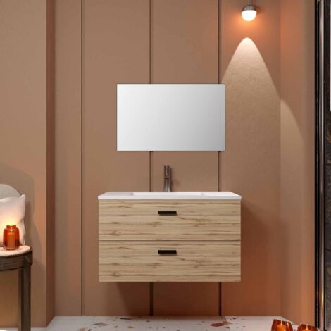Mueble de baño 80cm 2 cajones Decoración Madera, Lavabo y Espejo - BOX-IN