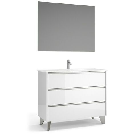 Mueble de Baño al Suelo con Espejo y Lavabo Cerámico  3 Cajones con Cierre Amortiguado y Organizador  70 cm Blanco Brillo Tirador Cromo