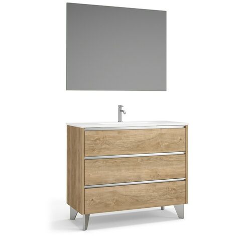 Mueble de Baño al Suelo con Espejo y Lavabo Cerámico 3 Cajones con Cierre Amortiguado y Organizador 80 cm Roble Natural Tirador Cromo